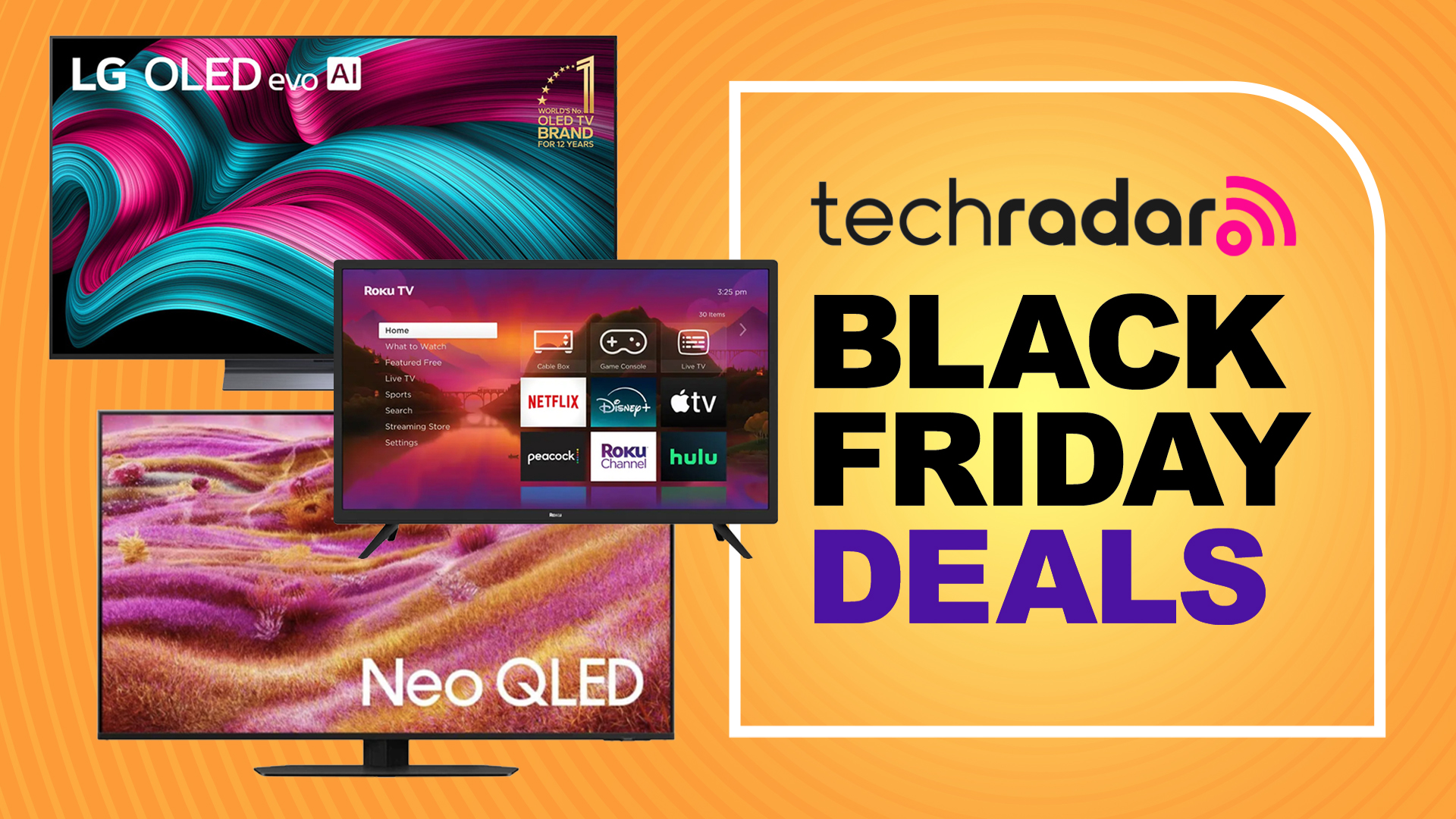 LG, Samsung and Roku TVs with a sign saying Black Friday TV deals