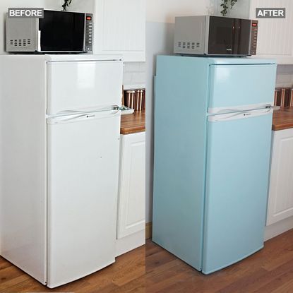 room with white and blue fridge 