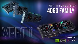 A splash graphic displaying the PNY XLR8 GeForce RTX 4060 and 4060TI VERTO family of graphics cards.