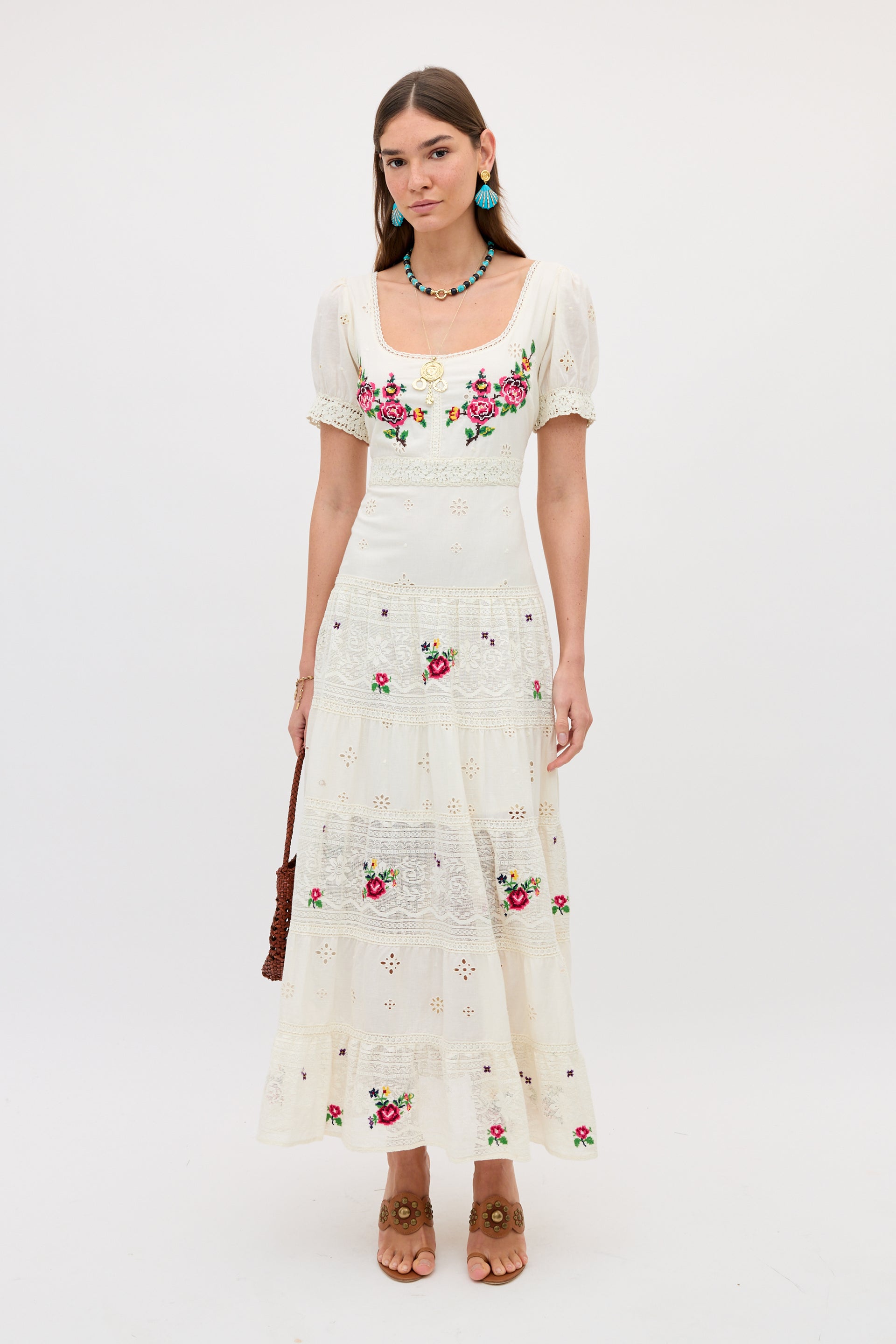 Cady Embroidered Cotton Midi Dress in Spring Rose Embroidery Cream