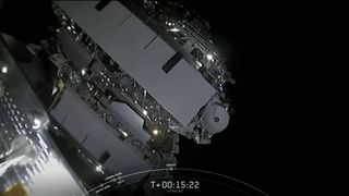 The 60 Starlink internet satellites of SpaceX's June 3, 2020 launch are deployed into space in this view from a camera on the mission's Falcon 9 upper stage.