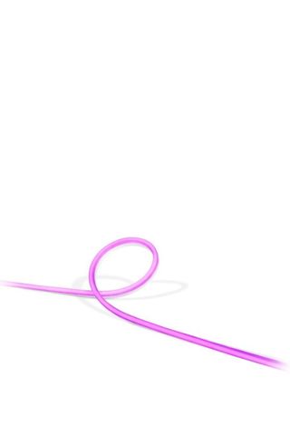 Philips Hue Smart Outdoor Lightstrip illuminated with a pink color on a white background.