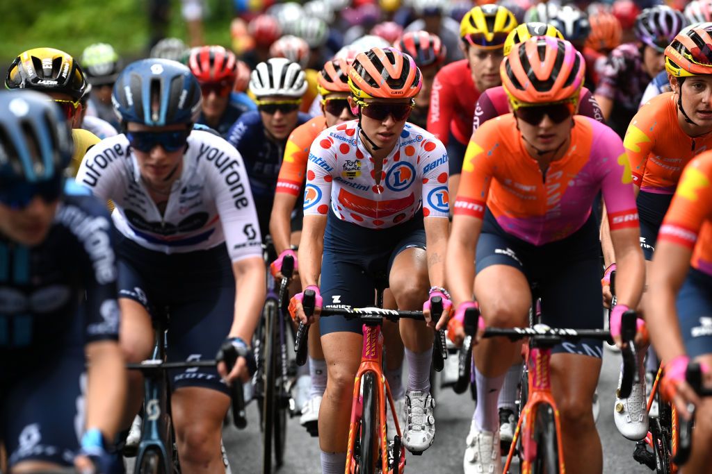 MAURIAC FRANCE JULY 24 Katarzyna Niewiadoma of Poland and Team CanyonSRAM Racing Polka dot Mountain Jersey competes during the 2nd Tour de France Femmes 2023 Stage 2 a 1517km stage from ClermontFerrand to Mauriac UCIWWT on July 24 2023 in Mauriac France Photo by Tim de WaeleGetty Images