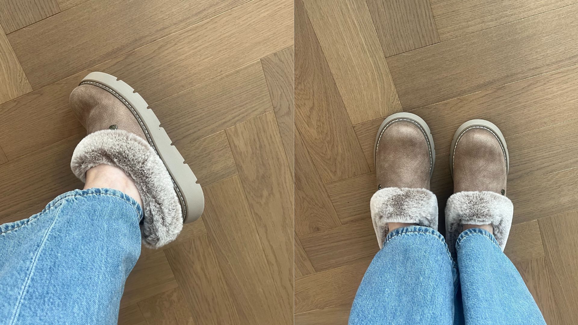 two images of Caroline Parr wearing Skechers
