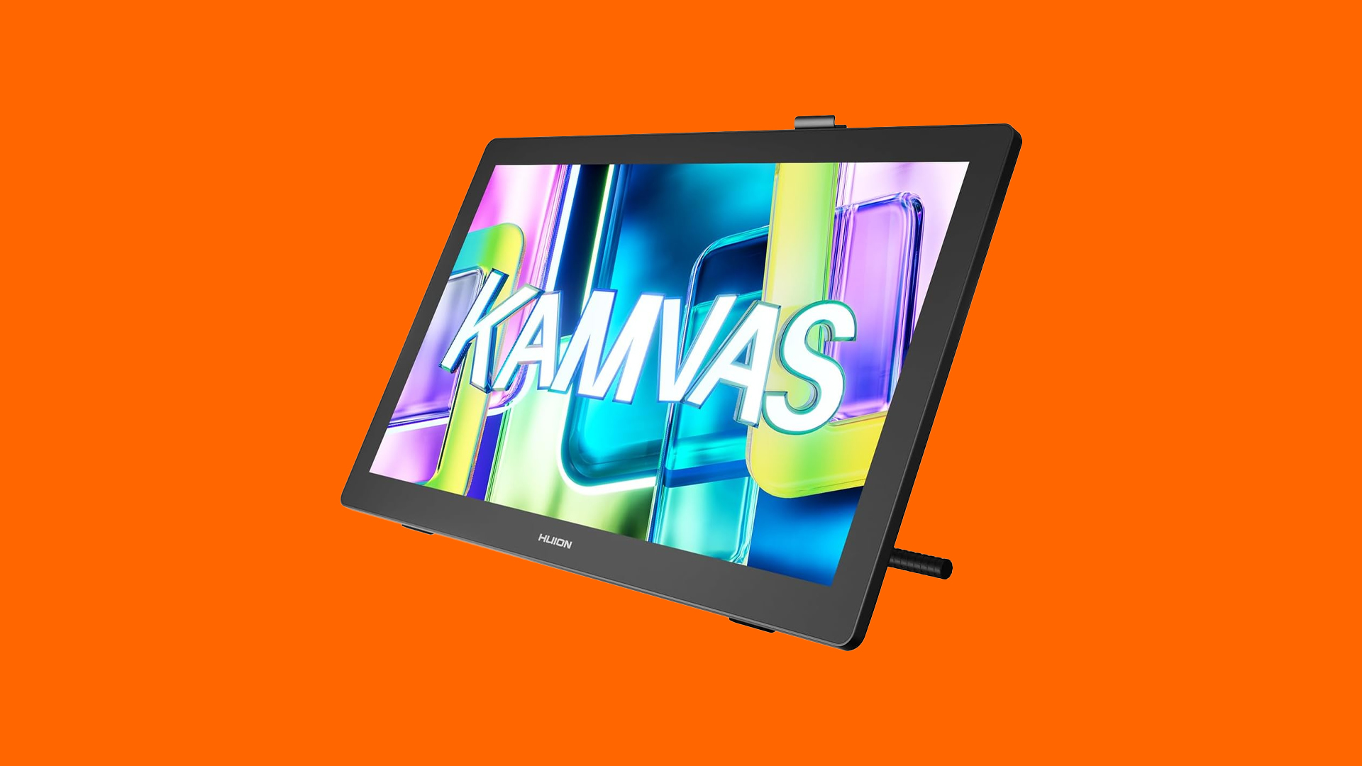 A black tablet on an orange background