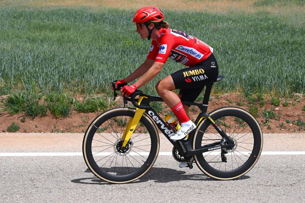 GUADALAJARA SPAIN MAY 04 Marianne Vos of The Netherlands and Team JumboVisma Red Leader Jersey competes during the 9th La Vuelta Femenina 2023 Stage 4 a 1331km stage from Cuenca to Guadalajara UCIWWT on May 04 2023 in Guadalajara Spain Photo by Dario BelingheriGetty Images