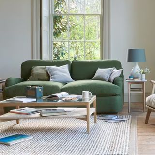 A green sofa in a living room with light wood furniture and floorboards