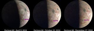 Side by side photos of Io showing the emergence of a dark spot on its surface