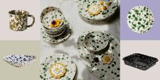 Center image is of green and white splatter print tableware arranged on a marble table. There are four product boxes surrounding the center image that all include a different type of splatterware piece. 