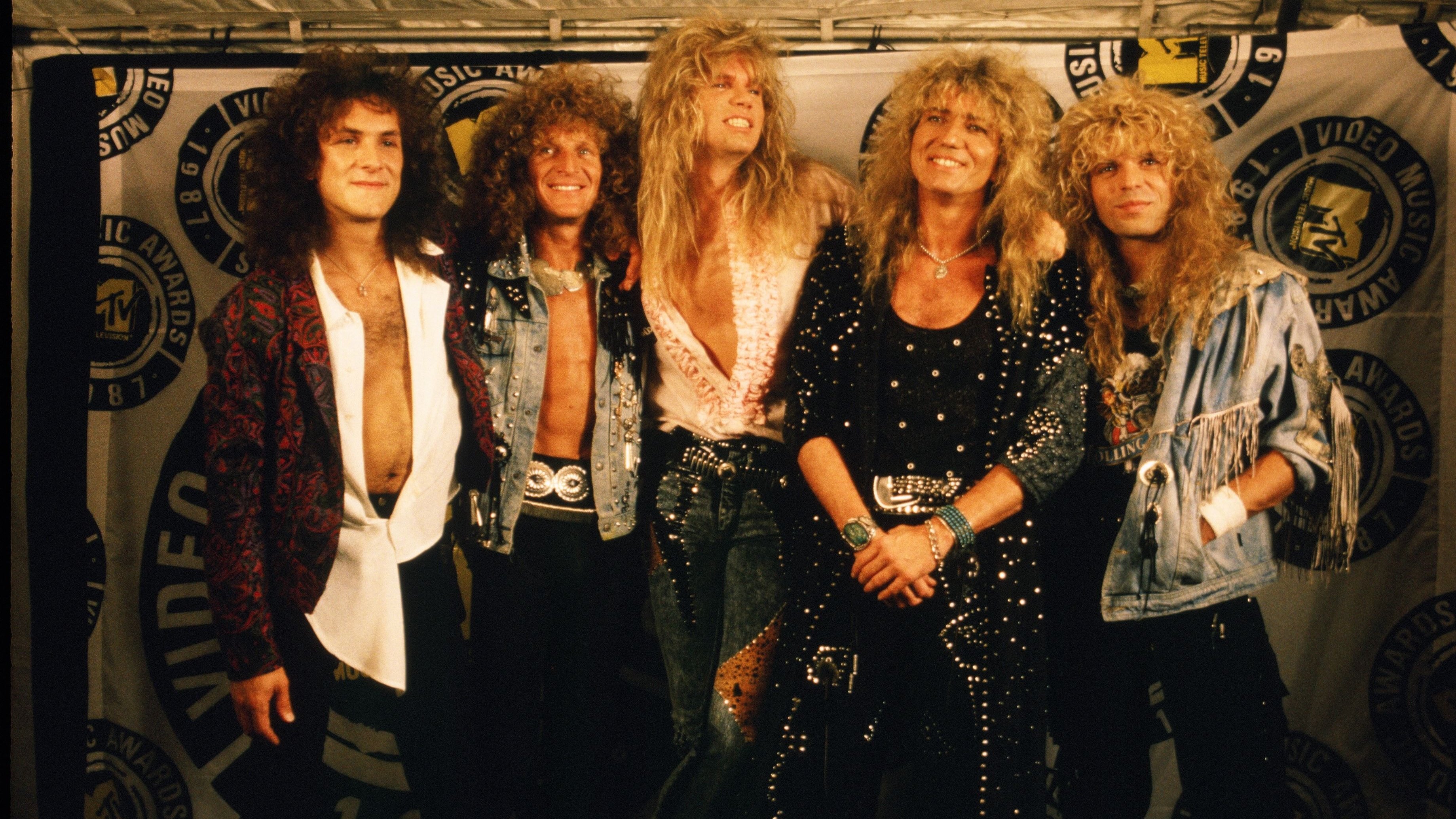 The rock group, &#039;Whitesnake,&#039; poses on the red carpet at the 1987 Universal City, California, MTV Music Awards