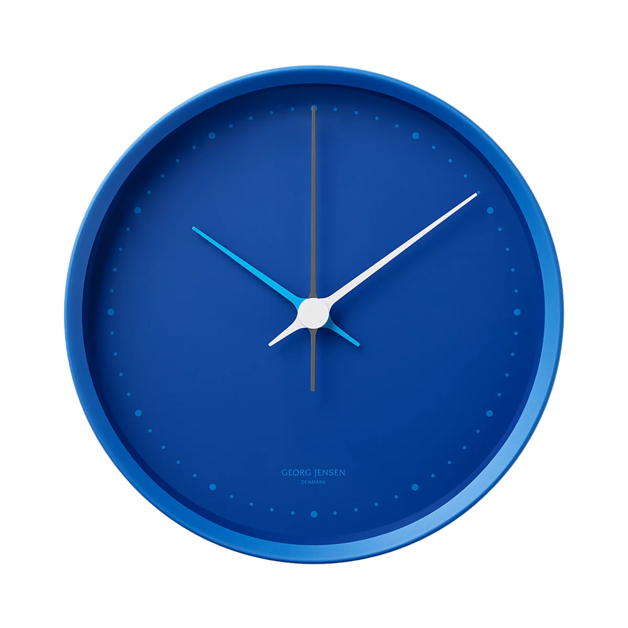 blue wall clock with a white minute hand and a light blue hour hand