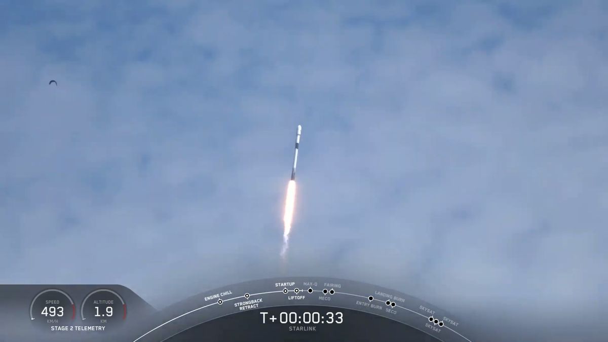 A SpaceX Falcon 9 rocket carrying 58 Starlink internet satellites and three Planet SkySat Earth-observation satellites launches from Space Launch Complex 40 at Cape Canaveral Air Force Station in Florida on Aug. 18, 2020.