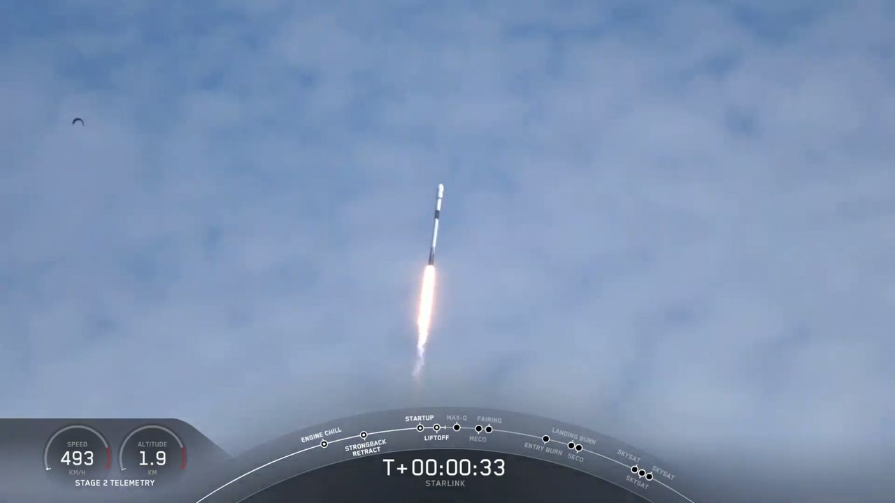 A SpaceX Falcon 9 rocket carrying 58 Starlink internet satellites and three Planet SkySat Earth-observation satellites launches from Space Launch Complex 40 at Cape Canaveral Air Force Station in Florida on Aug. 18, 2020.
