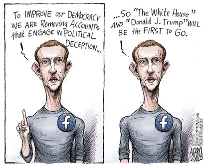 Political cartoon U.S. Mark Zuckerberg Facebook Trump White House social media deception truth