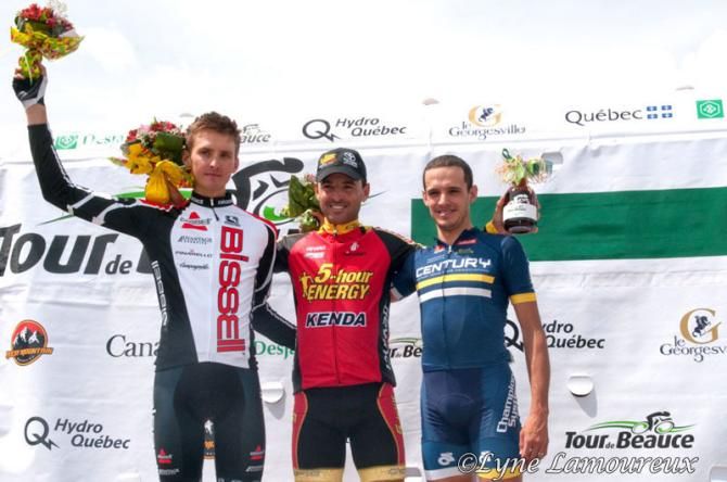 Stage 3 podium: Francisco Mancebo (5-hr Energy) first, Matthew Cooke (CRCA) second, Carter Jones (Bissell), third