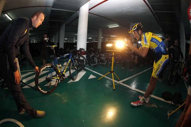 Alberto Contador (Tinkoff-Saxo) checks out his steed ahead of training.