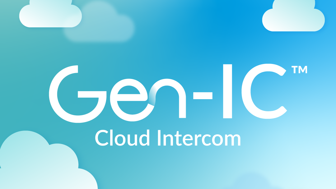 The logo for Gen-IC Cloud Intercom on a blue sky and white cloud background. 