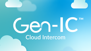 The logo for Gen-IC Cloud Intercom on a blue sky and white cloud background. 