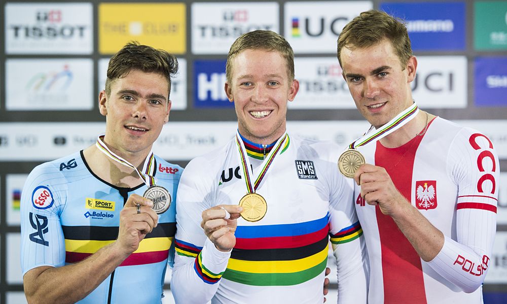 Australian Cameron Meyer with the gold in the points race over Kenny De Ketele (Belgium) and Wojciech Pszczolarski (Poland)