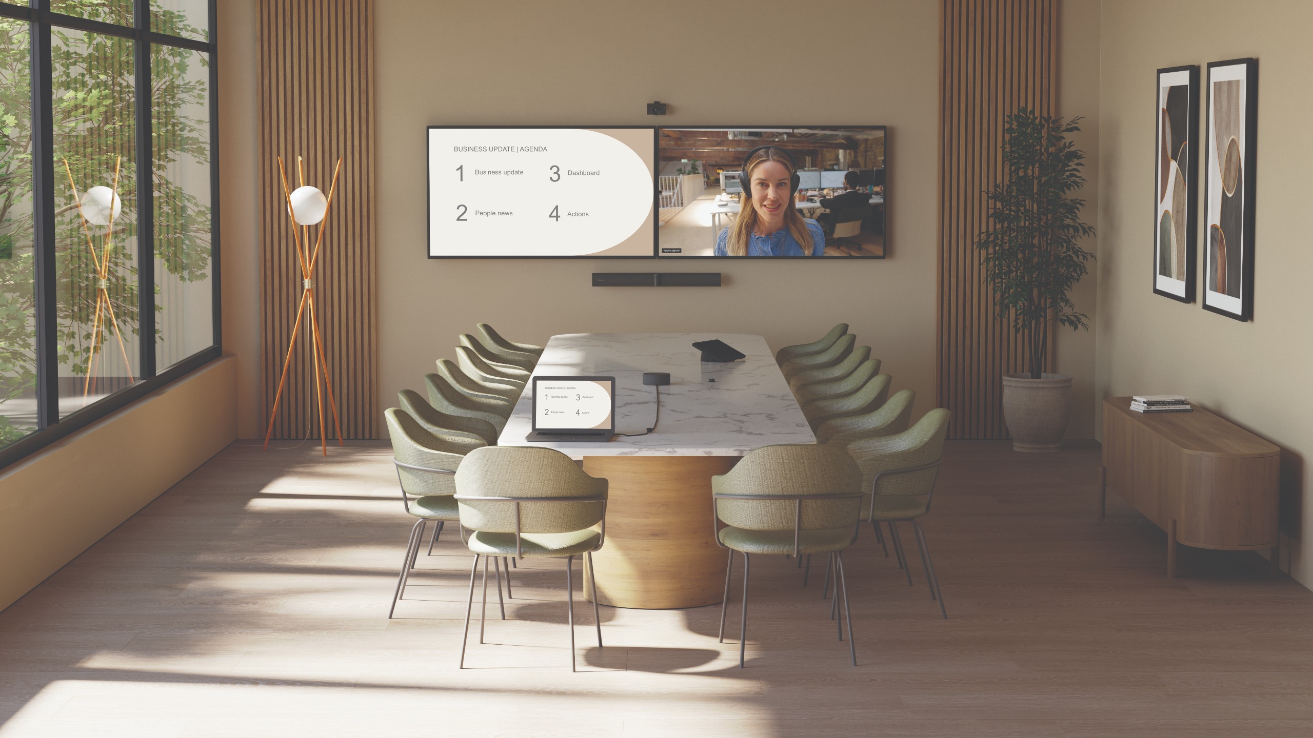 The new Jabra Reach solution in an empty small conference room.