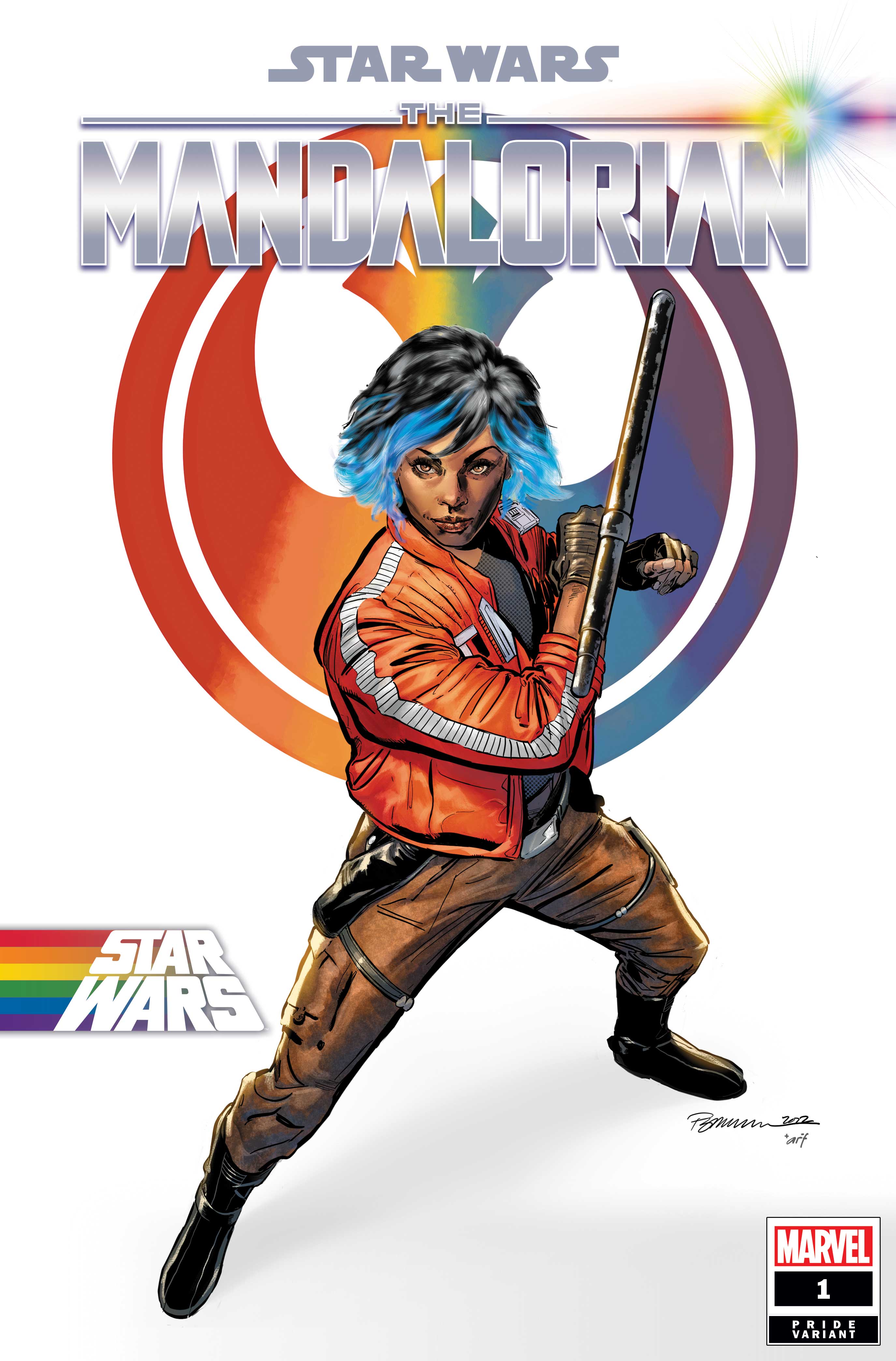 Portada variante de Star Wars: The Mandalorian #1 Pride por Phil Jimenez y Arif Prianto