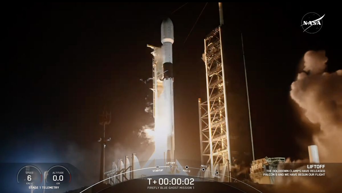 A SpaceX Falcon 9 rocket launches the Blue Ghost and Resilience moon landers from Florida&#039;s Space Coast on Jan. 15, 2025.