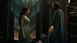 Míriel and Elendil look at each other before she gives him Narsil in The Rings of Power season 2's final episode