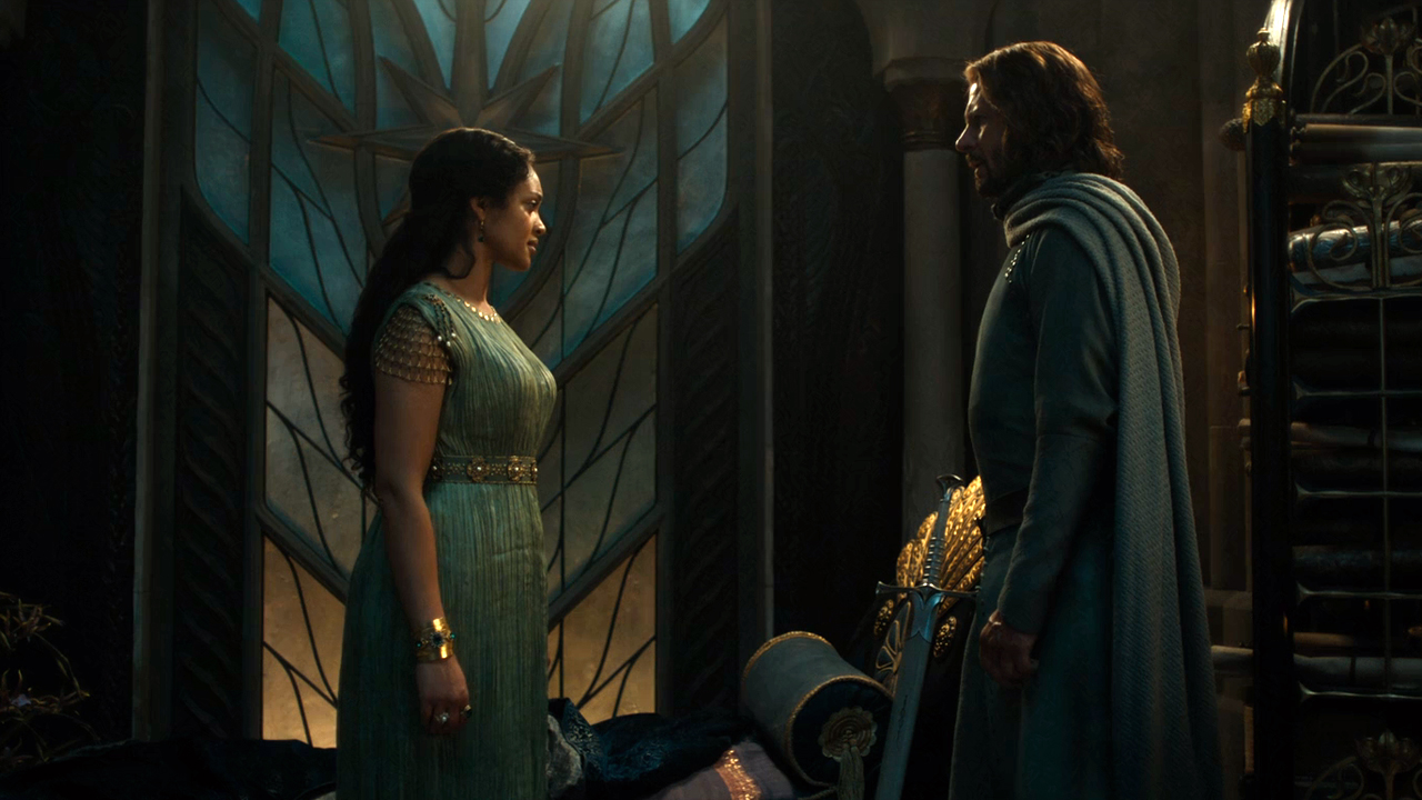 Míriel and Elendil look at each other before she gives him Narsil in the final episode of the second season of The Rings of Power