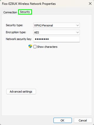 Windows 11 wireless network security panel, demonstrating how to see your Wi-Fi password in Windows 11