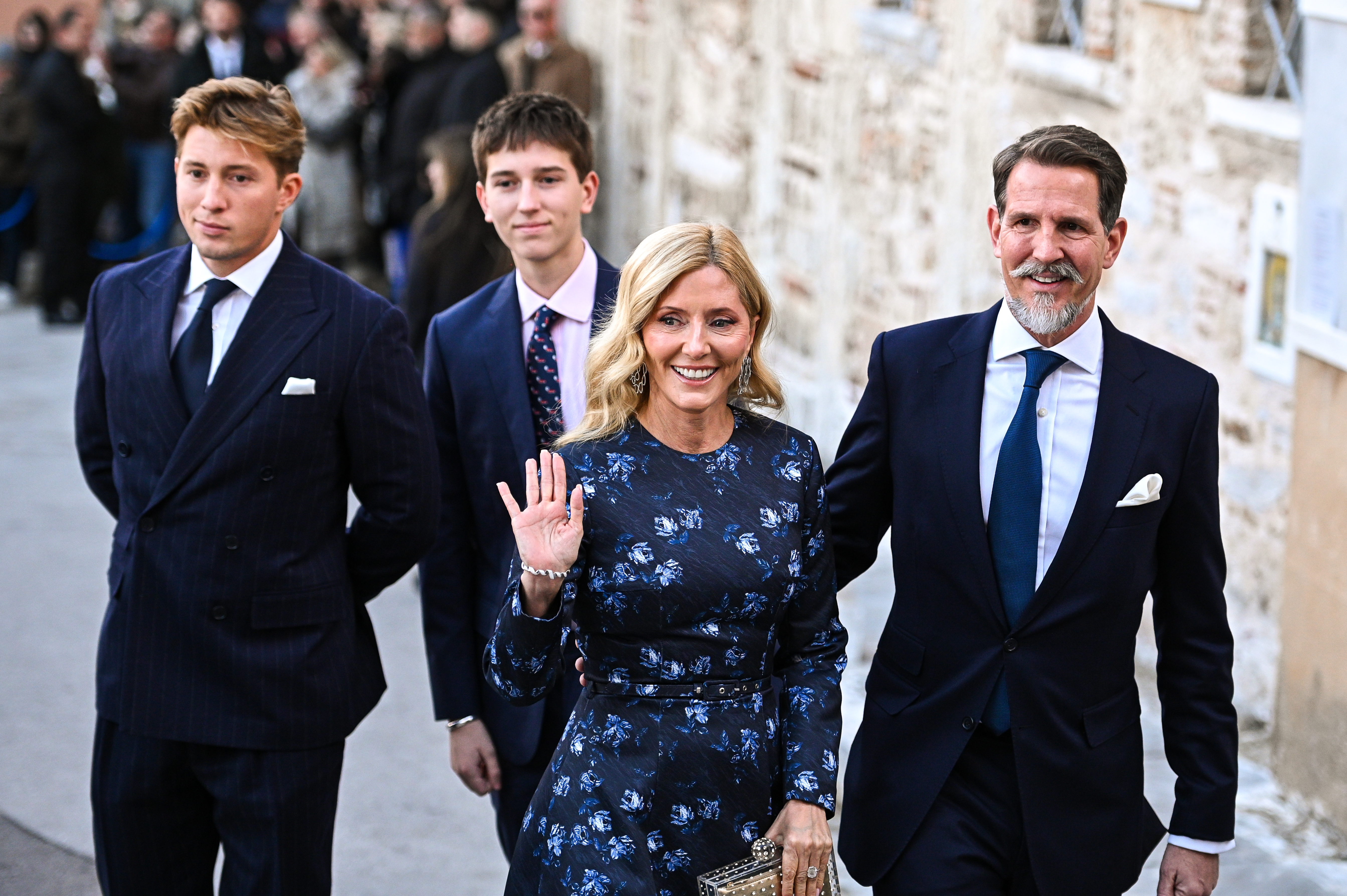 Pavlos, Crown Prince of Greece, Marie-Chantal, Crown Princess of Greece, and their sons, Prince Constantine Alexios and Prince Aristides Stavros, arrive at the Royal Wedding of Prince Nikolaos of Greece with Chrysi Vardinoyannis in St. Nicholas Ragavas, in Athens, Greece, on February 7, 2025