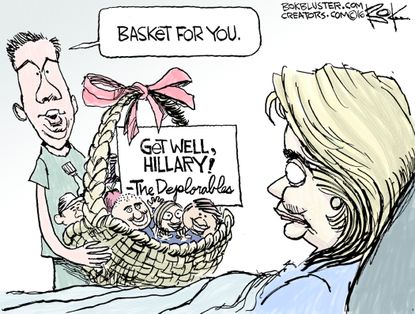 Political cartoon U.S. 2016 election Hillary Clinton the deplorables basket