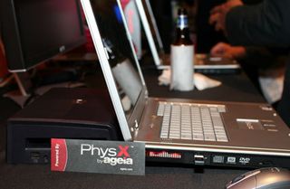 At the ShowStoppers after-CES-hours event, Aegia demonstrated that their PhysX card could work for laptops, provided that it sits inside of a special laptop dock.