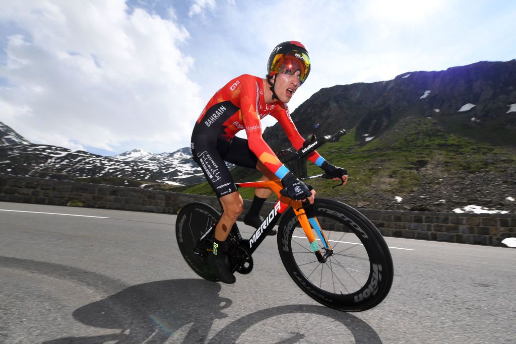 ANDERMATT SWITZERLAND JUNE 12 Gino Mder of Switzerland and Team Bahrain Victorious during the 84th Tour de Suisse 2021 Stage 7 a 232km Individual Time Trial stage from DisentisSedrun to Andermatt ITT Mountains Snow Landscape UCIworldtour tds tourdesuisse on June 12 2021 in Andermatt Switzerland Photo by Tim de WaeleGetty Images