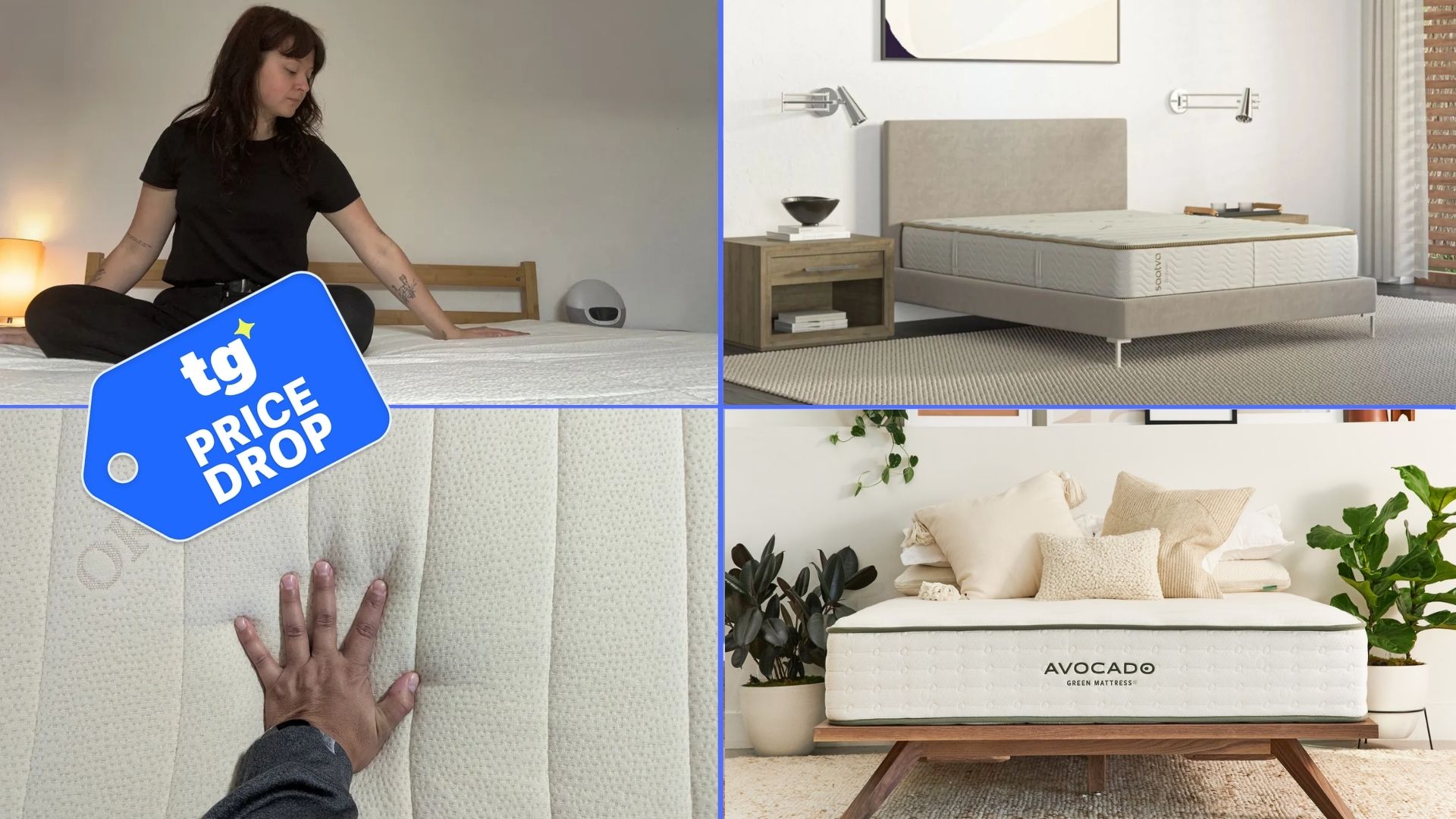 From L-R, T-B, the composite image shows a dark-haired mattress tester sat on the Awara Classic hybrid mattress, the beige Saatva Zenhaven mattress on a light grey bed frame, a cream Avocado mattress with green piping on a wodden bed frame and, finally, a close-up of a hand pressing into the surface of a beige mattress