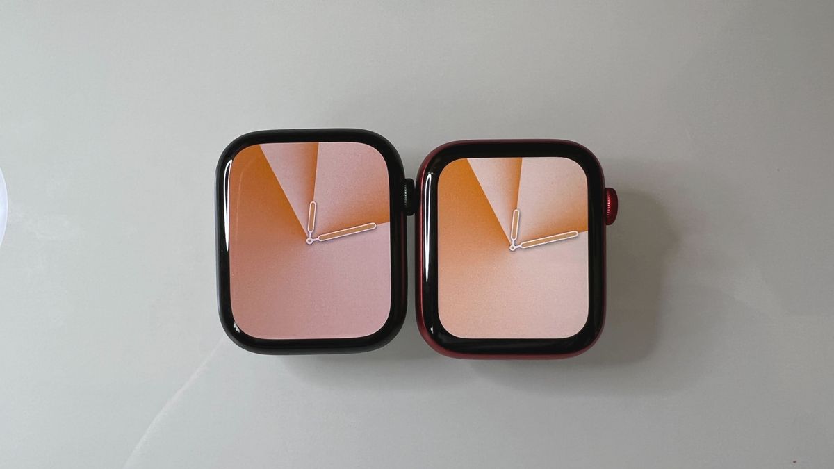 An Apple Watch 7 (45mm) on the left and an Apple Watch 6 (44mm) on the right