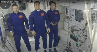 China's Shenzhou 14 astronauts entered the Tiangong space station on June 5, 2022. From left to right: Cai Xuzhe, Chen Dong and Liu Yang.