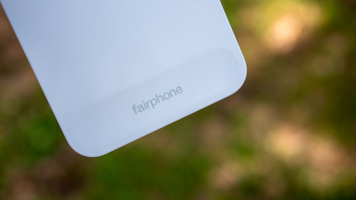 The Fairphone logo on the back of the Fairphone 6