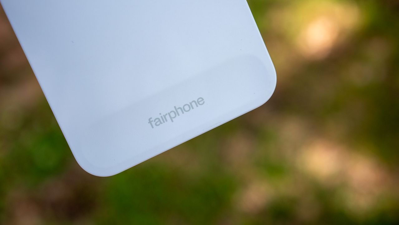 The Fairphone logo on the back of the Fairphone 6