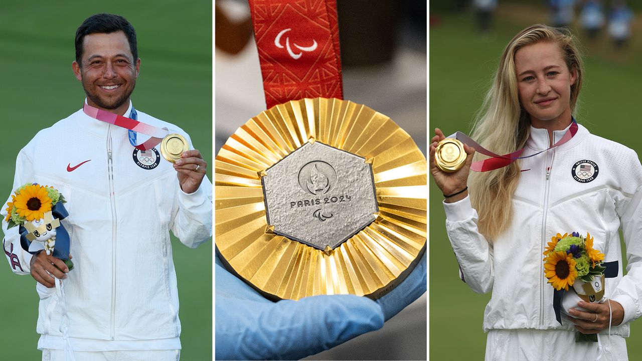 Xander Schauffele and Nelly Korda with their gold medals at Tokyo 2020