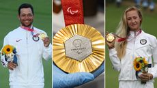 Xander Schauffele and Nelly Korda with their gold medals at Tokyo 2020