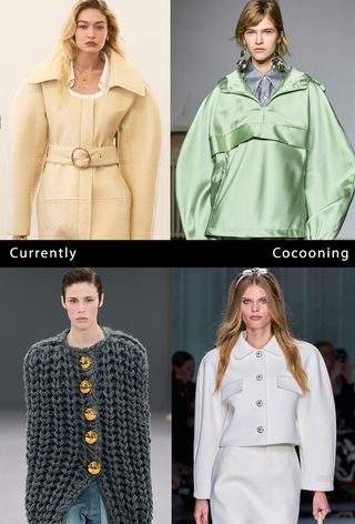 a collage of models on the runway wearing the spring cocoon-sleeve jacket trend