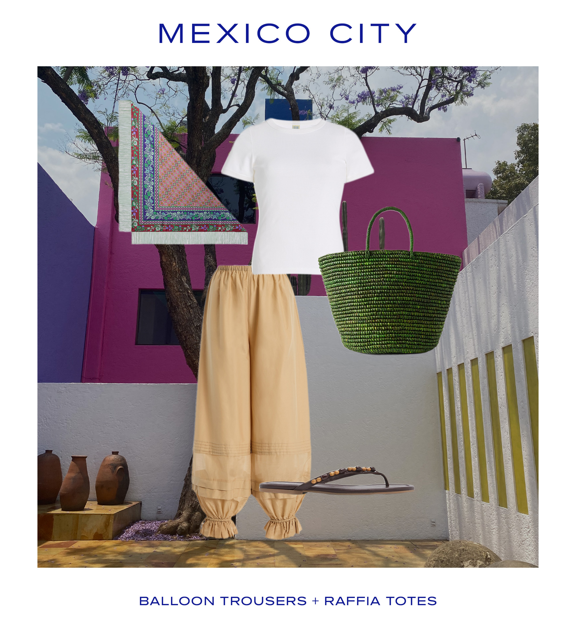 Collage of a building in Mexico city, a white tee, a scarf, a green bag, beige balloon pants, and beaded sandals.