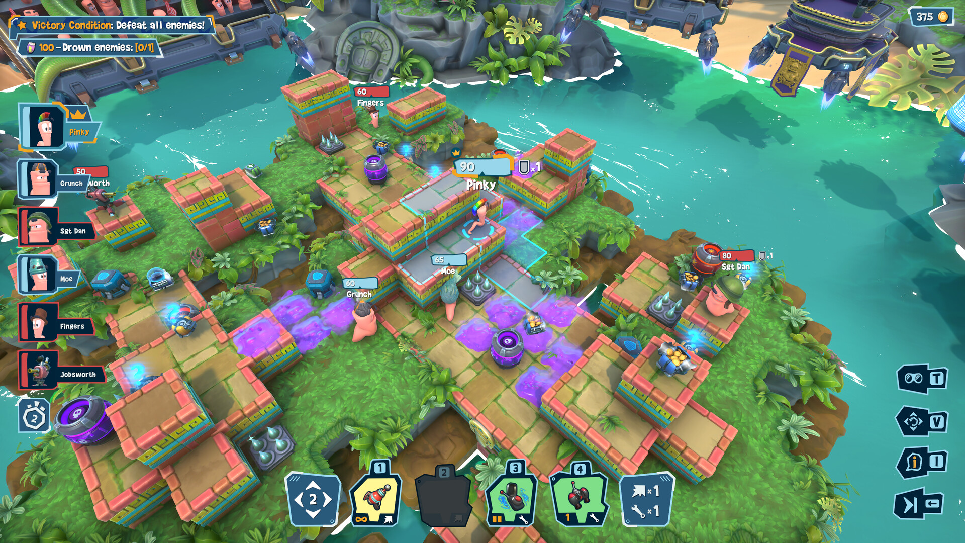 A green level Worms Galactic Tactics surrounded by water