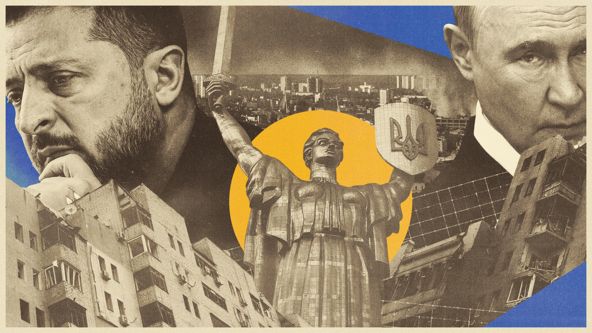 Photo collage illustration of Volodymyr Zelenskyy, Vladimir Putin, damaged buildings in Kyiv and the Mother Ukraine statue