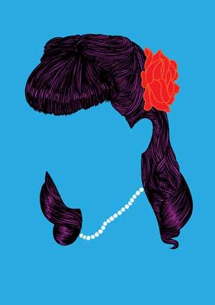 Faceless woman on a blue background, with purple hair with a red flower in it and a pearl necklace.