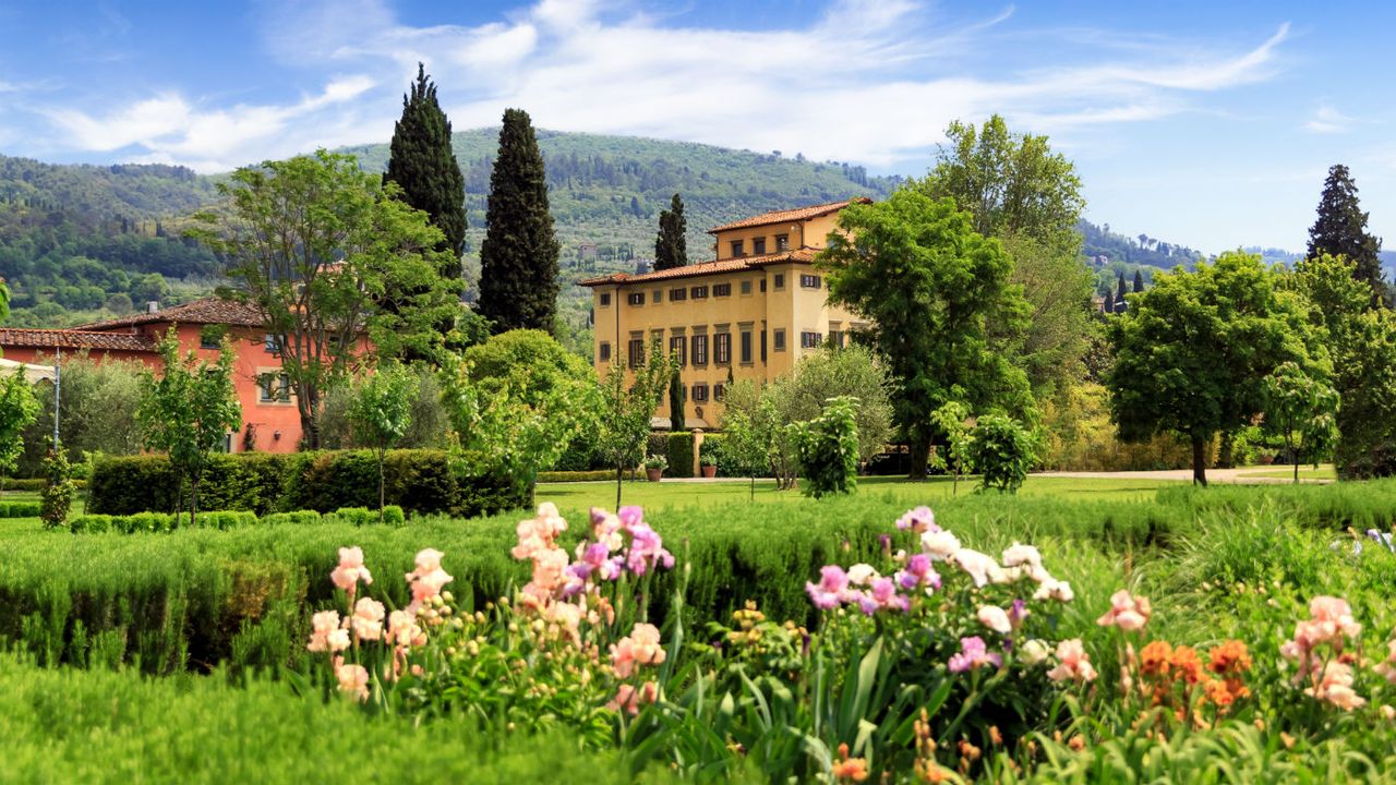 A view from the iris garden at Villa La Massa