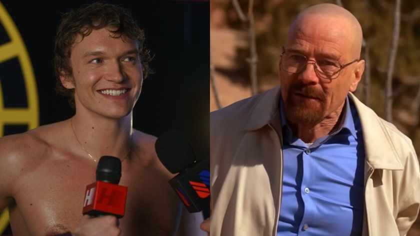 From left to right: Connor Storrie smiling at reporters in Heated Rivalry and Bryan Cranston in Breaking Bad. 