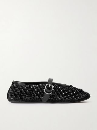 Patent Leather-Trimmed Studded Mesh Ballet Flats