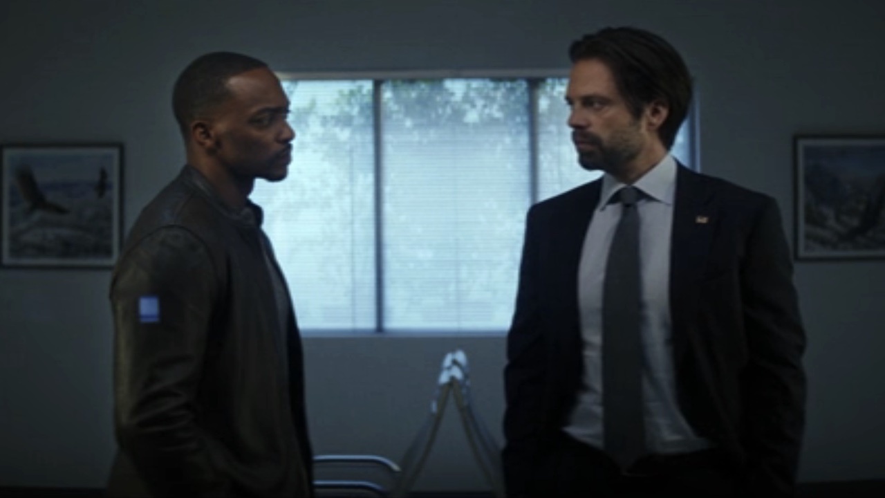 Sam Wilson and Bucky Barnes talking to each other in the hospital during Captain America: Brave New World