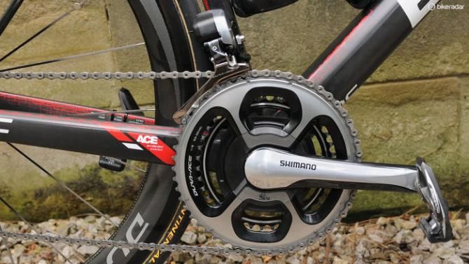 The SRM-equipped version of Shimano's new Dura-Ace chainset with 53/39 rings